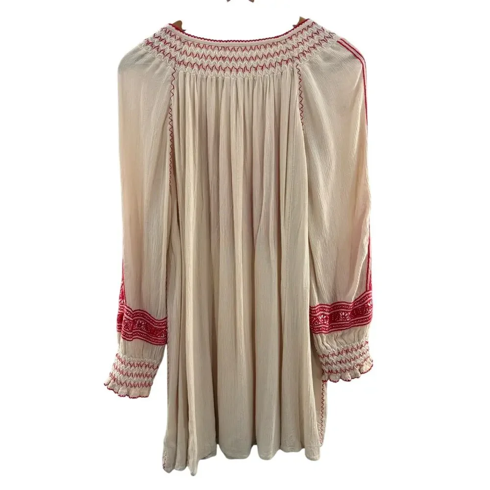Free People Wind Willow Embroidered Boho Mini Peasant Tassel Indie Dress Size S